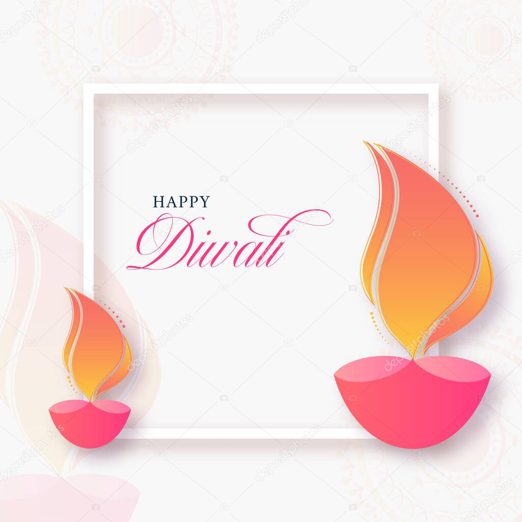 Happy Diwali Font with Lit Oil Lamps (Diya) on White Mandala Pattern Background.