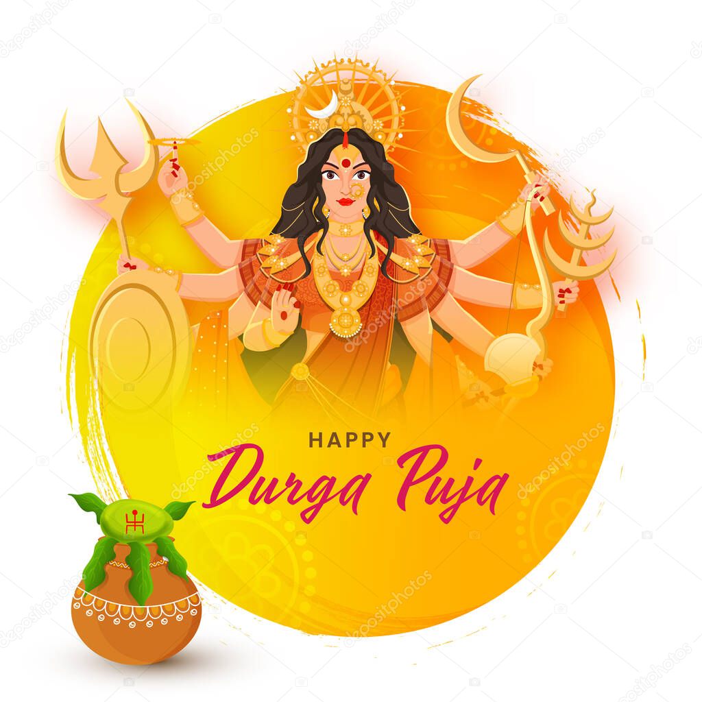 Hindu Mythological Goddess Durga Maa with Worship Kalash (Pot) and Yellow Brush Stroke Effect on White Background for Happy Durga Puja.