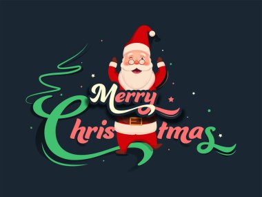 Kağıt Kesiği Mutlu Noeller Yazı Tipi Çizgi Noel Baba Teal mavisi Arkaplanda Göz Kırpıyor.
