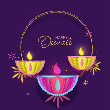 Mutlu Diwali Kutlamaları İçin Mor Arkaplanlı Çiçeklerle Yaratıcı Lit Yağ Lambaları (Diya).