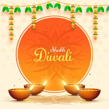 Aydınlatılmış Petrol Lambaları (Diya) ve Çiçek Çelengi (Toran) Shubh (Mutlu) Diwali Kutlaması İçin Dekorasyon Arkaplanı.