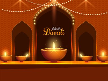 Aydınlatılmış Petrol Lambaları (Diya) ve Işıklandırma Garland Shubh (Mutlu) Diwali Kutlaması için Kahverengi Kapı.