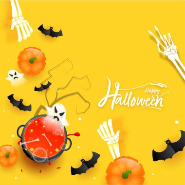 Çizgi film Hayaletleri, Balkabakları, İskelet Eller ve Sarı Arka planda Uçan Yarasalar ile Kanlı Kazan Kutusu Mutlu Cadılar Bayramı için.