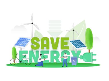 Enerji Metnini Plug, Güneş Paneli, Yel Değirmenleri, Bisiklet, Geri Dönüşüm Kutusu ve Doğaya Yerleşen Çizgi Adamlarla Kaydet.