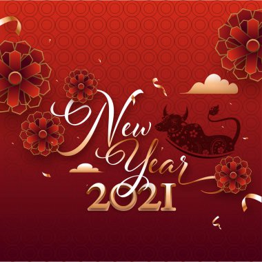 Bronz Yeni Yıl 2021 Çin Zodiac OX Sembol ve Kağıt Kesme Çiçekleri Kırmızı Çember Şablon Arkaplan Dekorasyonlu Metin.