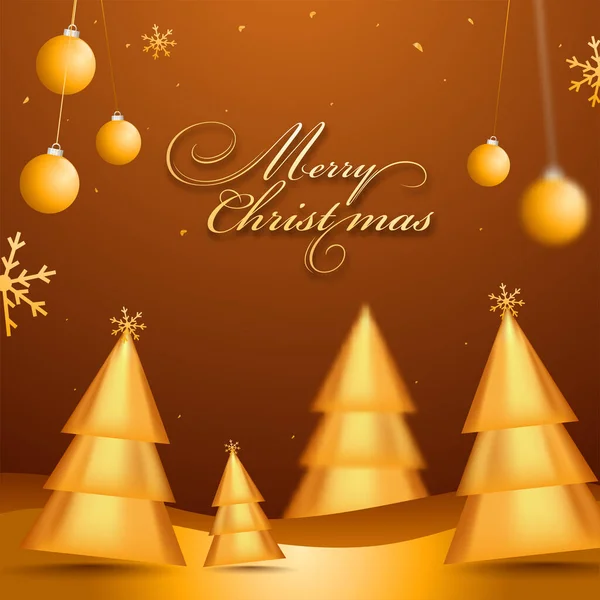 Merry Christmas Font Met Golden Glossy Kerstbomen Sneeuwvlokken Opknoping Baubles — Stockvector