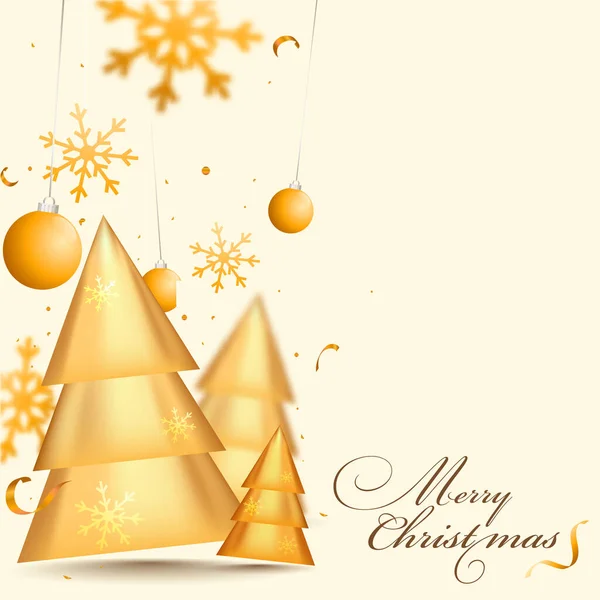 Merry Christmas Font Złotymi Choinkami Płatkami Śniegu Wiszącymi Bombami Konfetti — Wektor stockowy