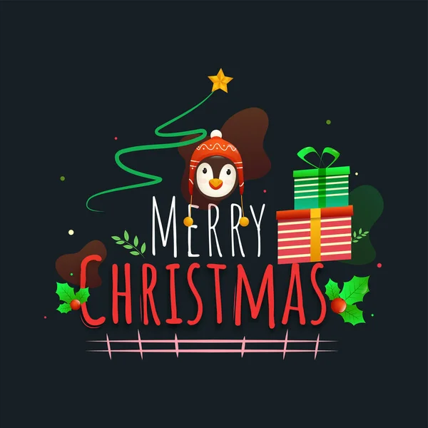 Merry Christmas Text Penguin Face Wearing Woolen Hat Holly Berries — Stock Vector