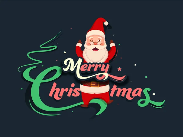Paper Cut Merry Christmas Font Cartoon Santa Claus Winking Teal — Stock Vector