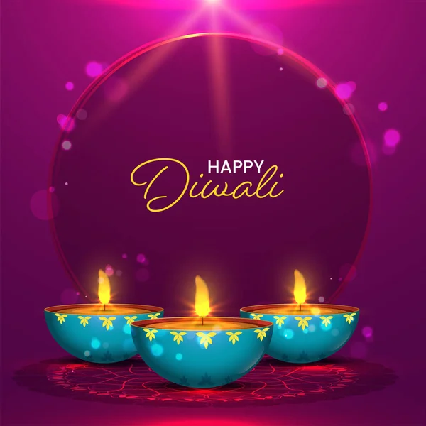 Happy Diwali Text Illuminated Oil Lamps Diya Dark Magenta Flare — Stock Vector