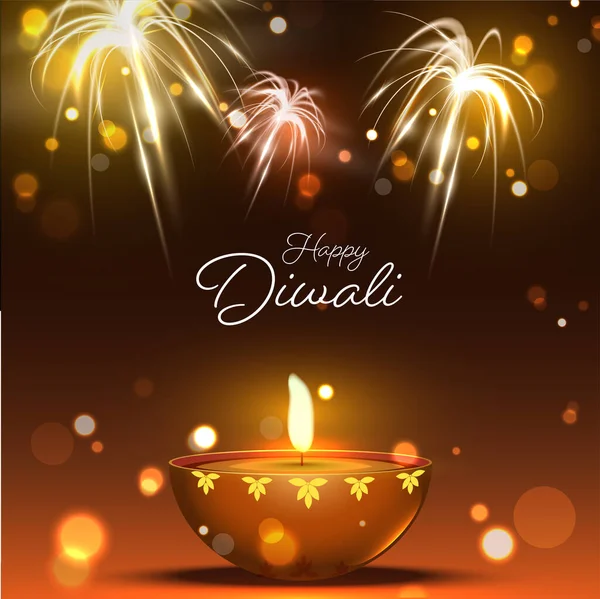 花火の上にライトオイルランプ Diya がある幸せなDiwaliフォントブロンズ背景 — ストックベクタ