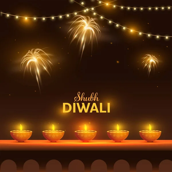Lit Oil Lambaları Diya Ile Shubh Happy Diwali Metni Kahverengi — Stok Vektör