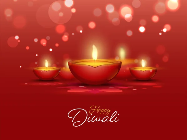 Happy Diwali Celebration Concept Lit Oil Lamps Diya Decorated Red — Stock Vector