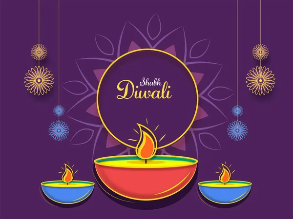 Shubh Gelukkig Diwali Font Met Lit Olielampen Diya Opknoping Quilled — Stockvector