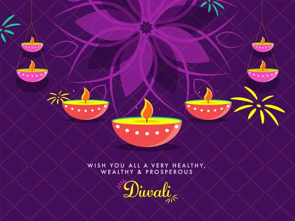 Diwali Wenskaart Ontwerp Met Lit Oil Lampen Diya Versierd Purple — Stockvector