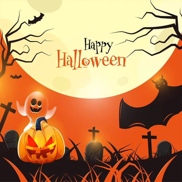 Happy Halloween Poster Ontwerp Met Jack Lantern Cartoon Ghost Vliegende — Stockvector