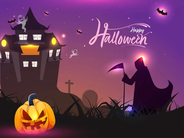 Fondo Celebración Halloween Feliz Con Silueta Grim Reaper Jack Lantern — Vector de stock