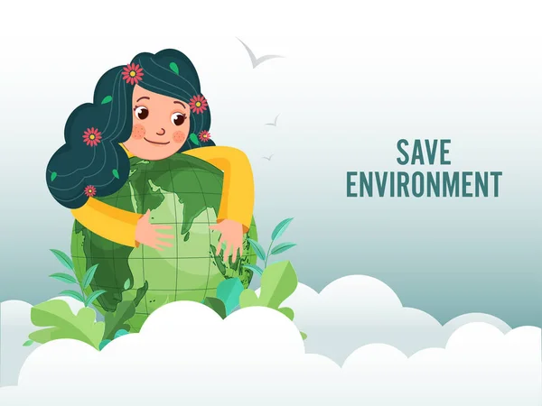 Environment Concept Cartoon Girl Ölelés Earth Globe Levelek Papír Vágott — Stock Vector