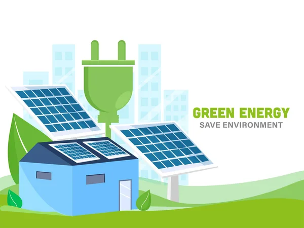 绿色能源与节能环保概念及白色背景下房屋 太阳能电池板和电源插座的说明 — 图库矢量图片