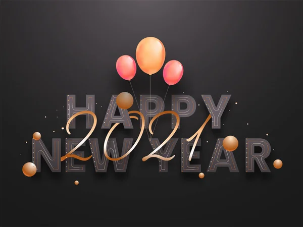 2021年开开心心的新年祝福 带着光滑的气球和黑色背景的铜球 — 图库矢量图片
