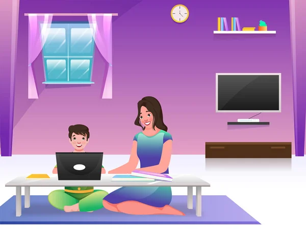 Moderne Junge Frau Mit Ihrem Sohn Lernt Hause Online Sich — Stockvektor