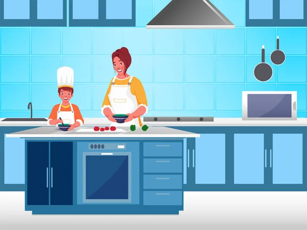 Mutluluğun Tasviri Anne Oğluna Mutfakta Yemek Pişirmesinde Yardım Ediyor — Stok Vektör