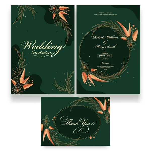 Green Wedding Invitation Card Set Decorated Bronze Floral Venue Details — Stock Vector