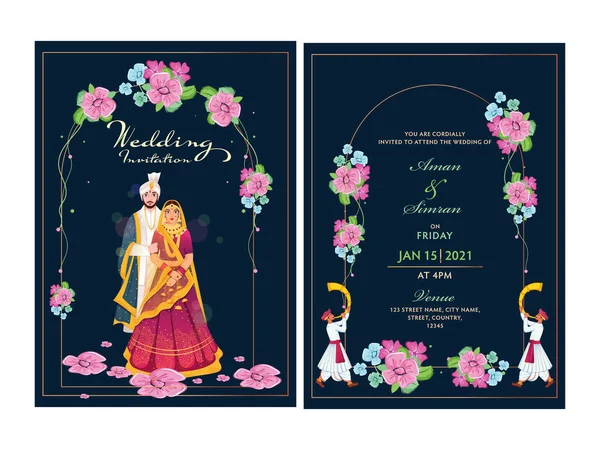 インドのカップルのイメージと場所の詳細を持つ花の結婚式の招待状カードのデザインセット — ストックベクタ