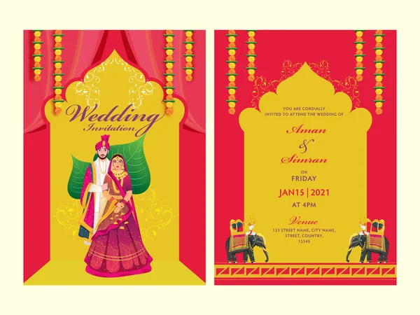 Red Yellow Wedding Invitation Card Set Indian Couple Image Venue — Stock Vector