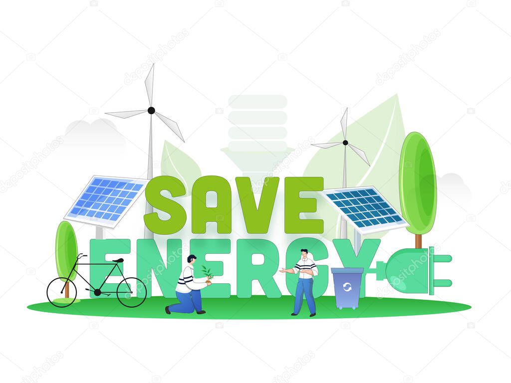Save Energy Text with Plug, Solar Panel, Windmills, Bicycle, Recycling Bin and Cartoon Men Planting on Nature Background.
