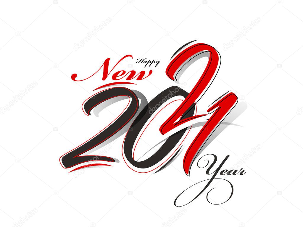 2021 Happy New Year Font in Red and Black Color on White Background.