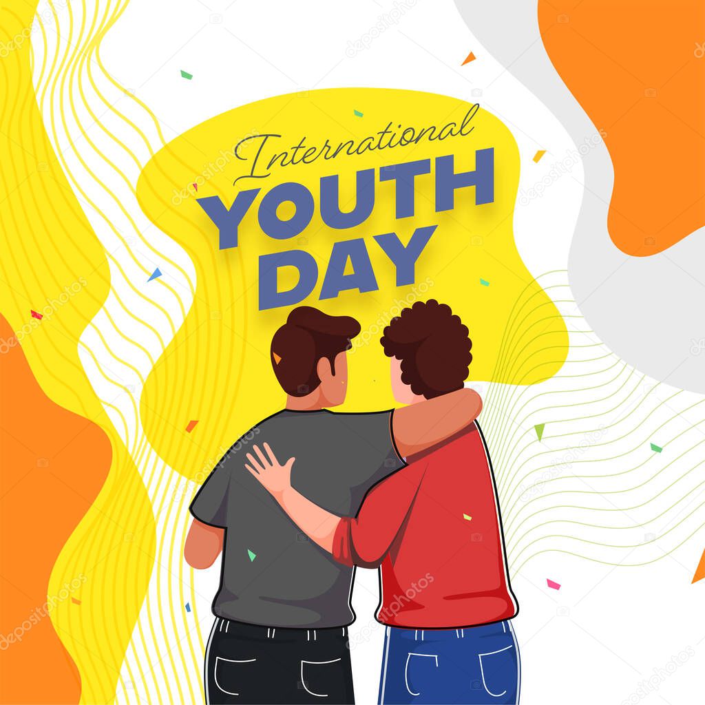 International Youth Day Text with Back View of Young Boys Hugging on Abstract Wavy Strip Background.