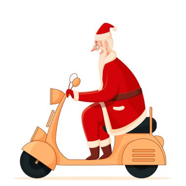 Neşeli Noel Baba 'nın Beyaz Arkaplanda Scooter sürüşünün yan görüntüsü.