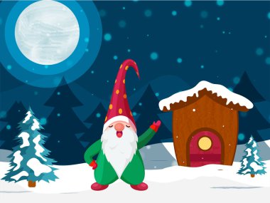 Karlı Ev ve Çizgi Film Gnome Karakteriyle Dolunay Kış Manzarası.