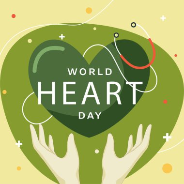 Dünya Kalp Günü için steteskoplu İnsan Eli Koruma Yeşil Kalp.