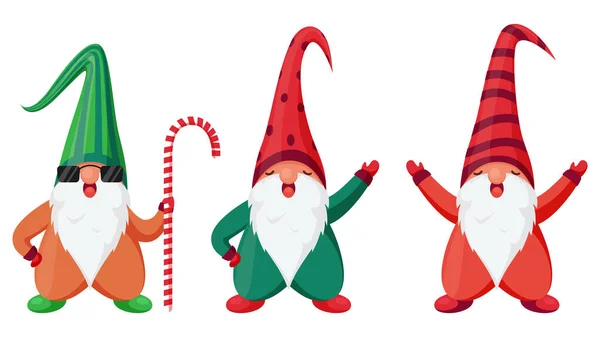 Cartoon Τρεις Χαρακτήρες Gnomes Διαφορετικές Θέσεις — Διανυσματικό Αρχείο