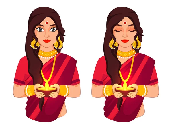 Hermosa Mujer India Sosteniendo Una Lámpara Aceite Diya Ojos Abiertos — Vector de stock