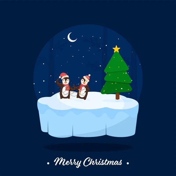 Merry Christmas Font Cartoon Two Penguins Wear Lighting Garland Xmas — Stock Vector