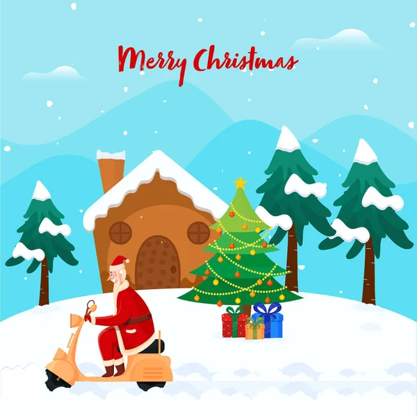 クリスマスツリー ギフトボックス 青と白の雪の背景に雪の家で陽気なサンタクロース乗馬スクーターのイラスト — ストックベクタ
