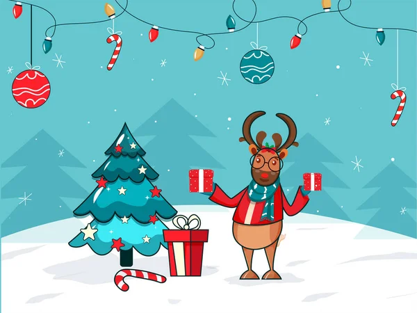 Cartoon Rentier Figur Mit Geschenkschachteln Weihnachtsbaum Hängenden Kugeln Zuckerstange Und — Stockvektor