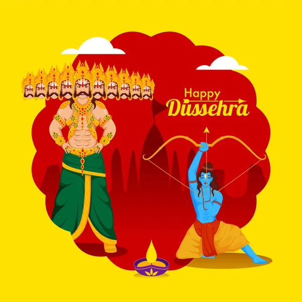Illustration of Demon Ravana with Lord Rama Holding Bow Arrow and Lit Oil  Lamp (Diya) on Red and Yellow Background for Happy Dussehra. - Stock Image  - Everypixel