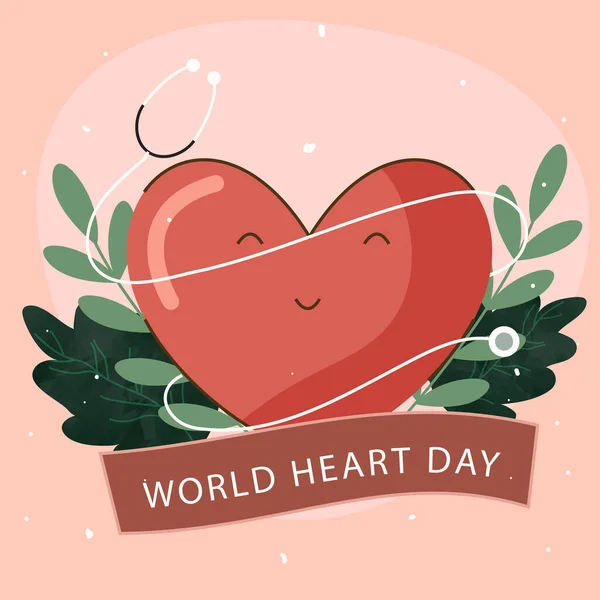 Gülen Kalp Steteskop Yeşil Yapraklar Ile Dünya Kalp Günü Kavramı — Stok Vektör