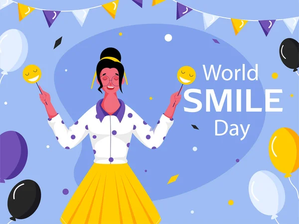 世界微笑日 海报设计 年轻女孩手持笑脸的埃莫吉牌 气球和彩旗装饰蓝色背景 — 图库矢量图片