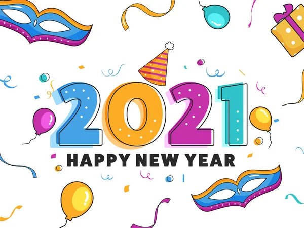 新年のお祝いのために白い背景に飾られたパーティーやお祝いの要素を持つカラフルな2021番号 — ストックベクタ