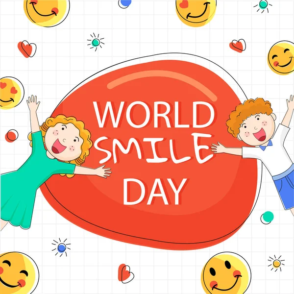World Smile Day Text Cheerful Kids Raising Hands Emoticon Emoji — Stock Vector