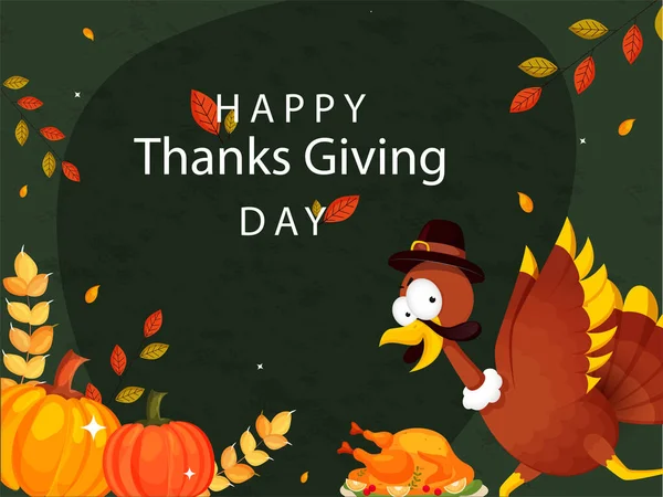 Gelukkige Thanksgiving Day Tekst Met Turkije Vogel Dragen Pelgrim Hoed — Stockvector