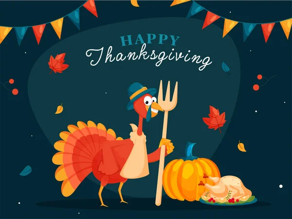 Happy Thanksgiving Celebration Poster Design Mit Cartoon Turkey Bird Holding — Stockvektor