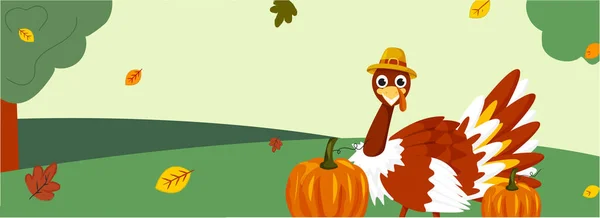 Cartoon Turkey Bird Wearing Pilgrim Hat Pumpkins Leaves Falling Green — 스톡 벡터