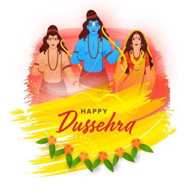 Kardeşi Lakshamana, eşi Sita Karakteri ve Mutlu Dussehra İçin Beyaz Arkaplan Üzerindeki Fırça Vuruşu Efekti.