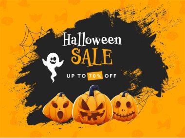 Cadılar Bayramı İndirim Posteri Tasarımı% 70 indirimli Teklif, Jack-O-Lantern, Çizgi Film Hayaleti ve Turuncu Arkaplanda Kara Fırça Grunge.